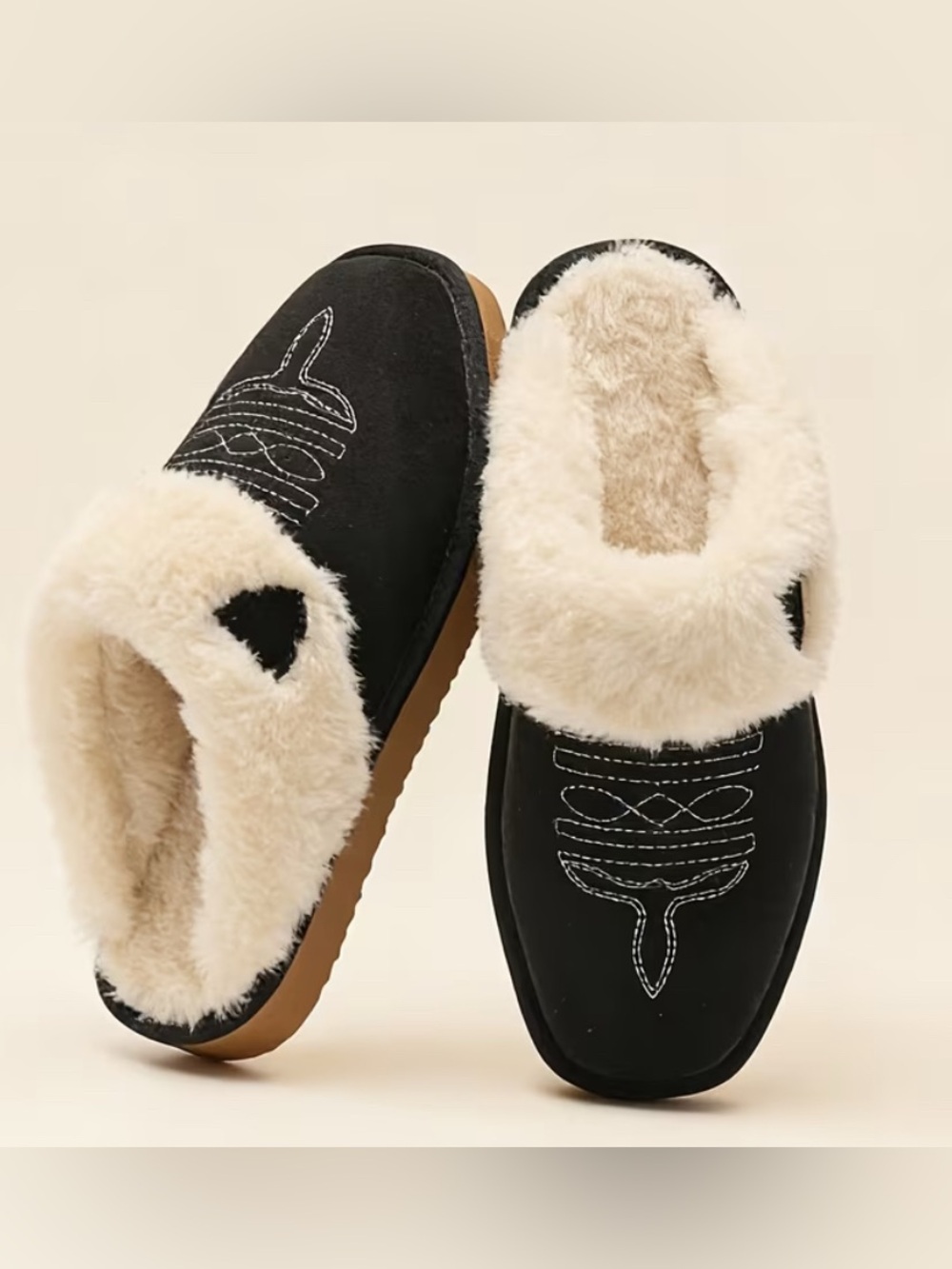 Western Black Plush Lined Slippers